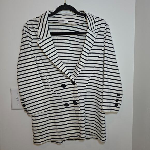 Women's Striped Cotton Blazer Size M Black White 3/4 Sleeves Preppy France - Picture 1 of 8